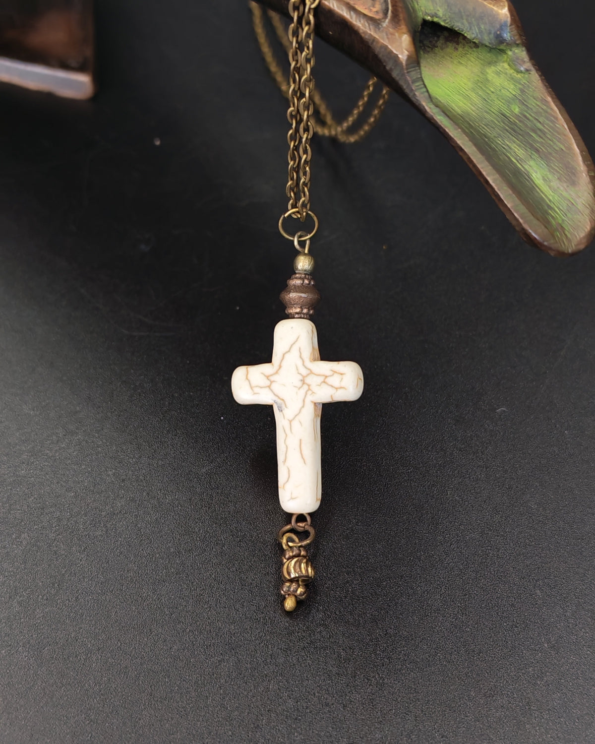 White Howlite Cross Pendant on Antique Brass Chain
