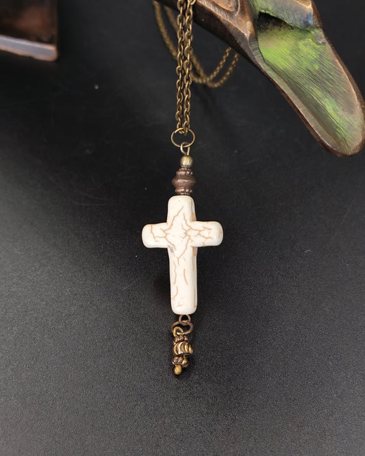 White Howlite Cross Pendant on Antique Brass Chain