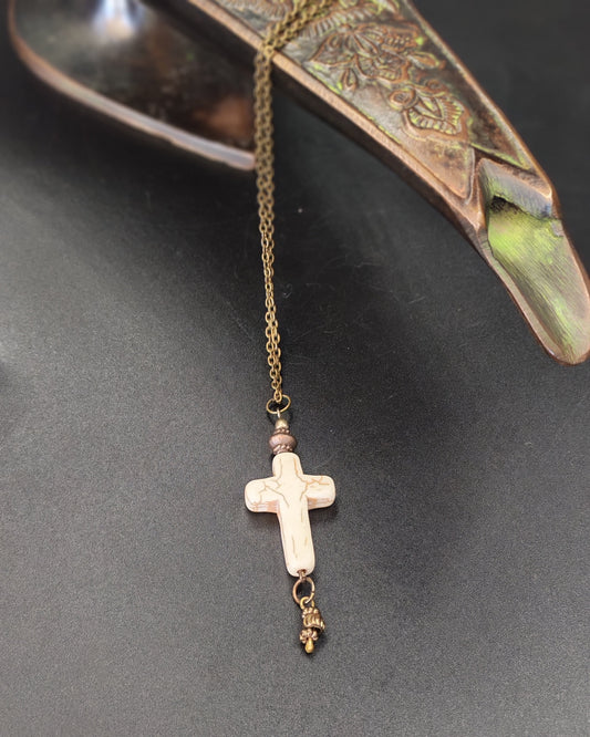 White Howlite Cross Pendant on Antique Brass Chain