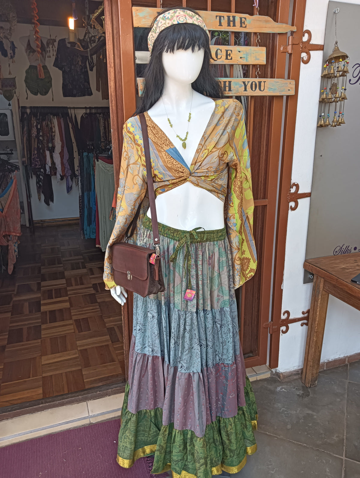 Sari Silk Wrap Crop Top – full outfit view with iridescent maxi skirt and leather bag