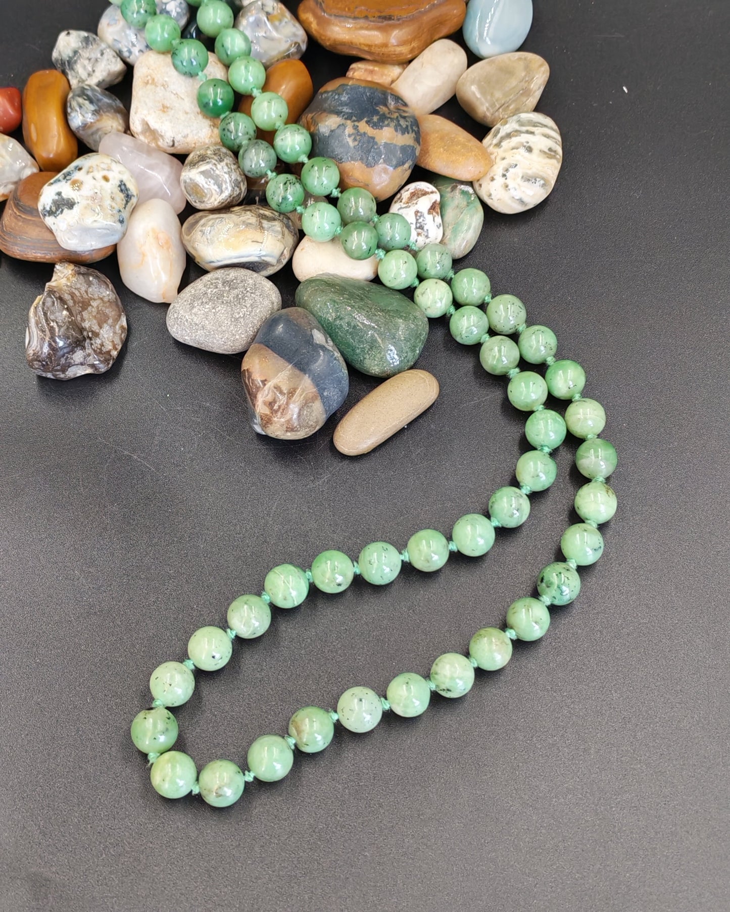 Natural Jade Polished Round Bead Long Necklace