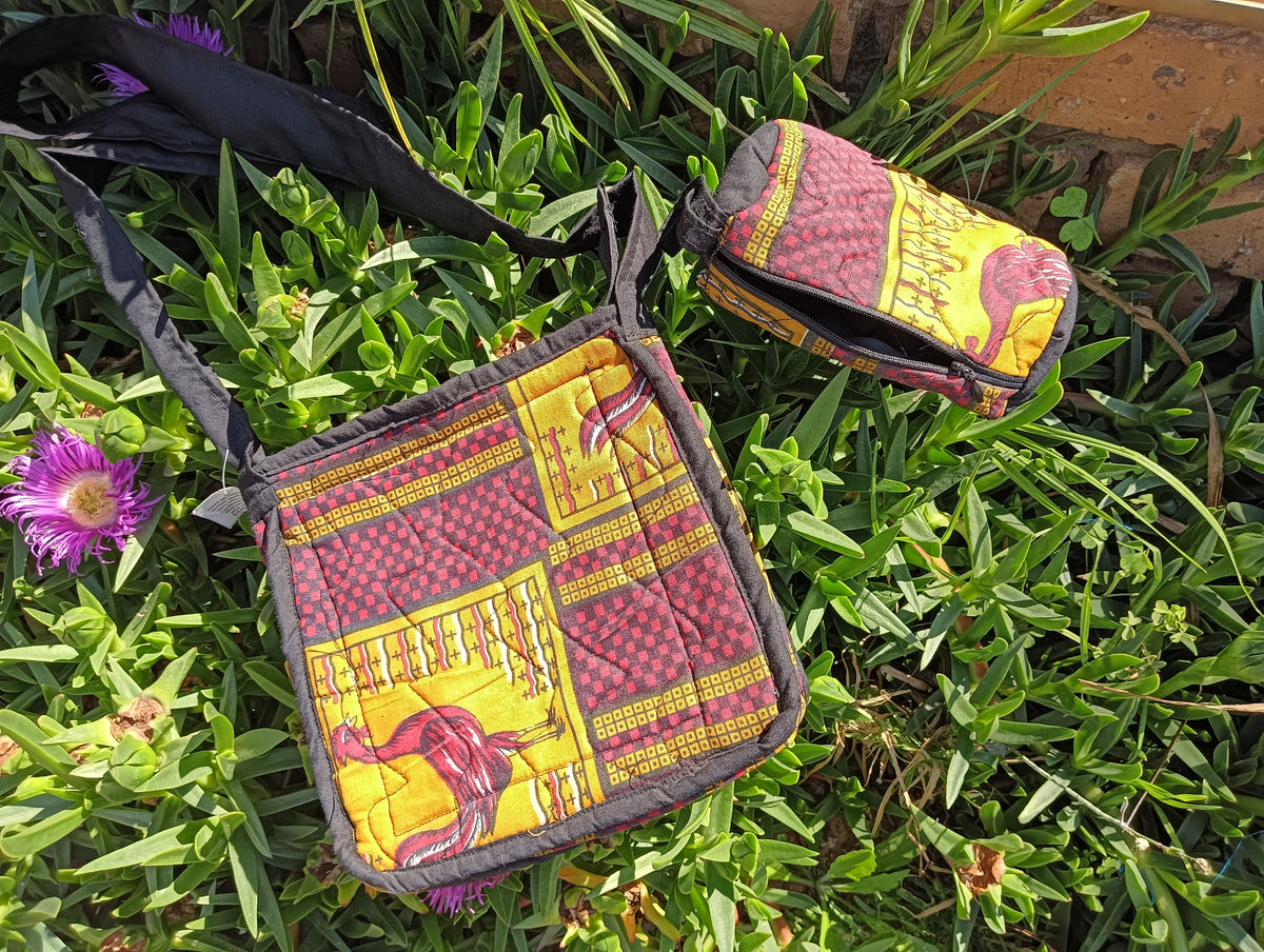 Kenyan Quilted Cotton Bag Set in Red Rooster Print — crossbody sling bag with matching zip pouch