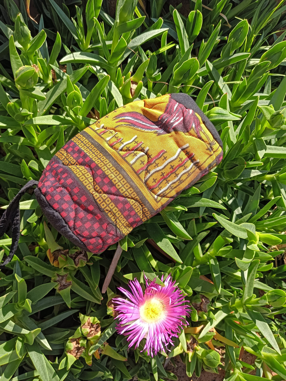 Kenyan Quilted Make-Up Pouch – mustard gold rooster print and burgundy leopard spot panels with charcoal trim and wrist loop