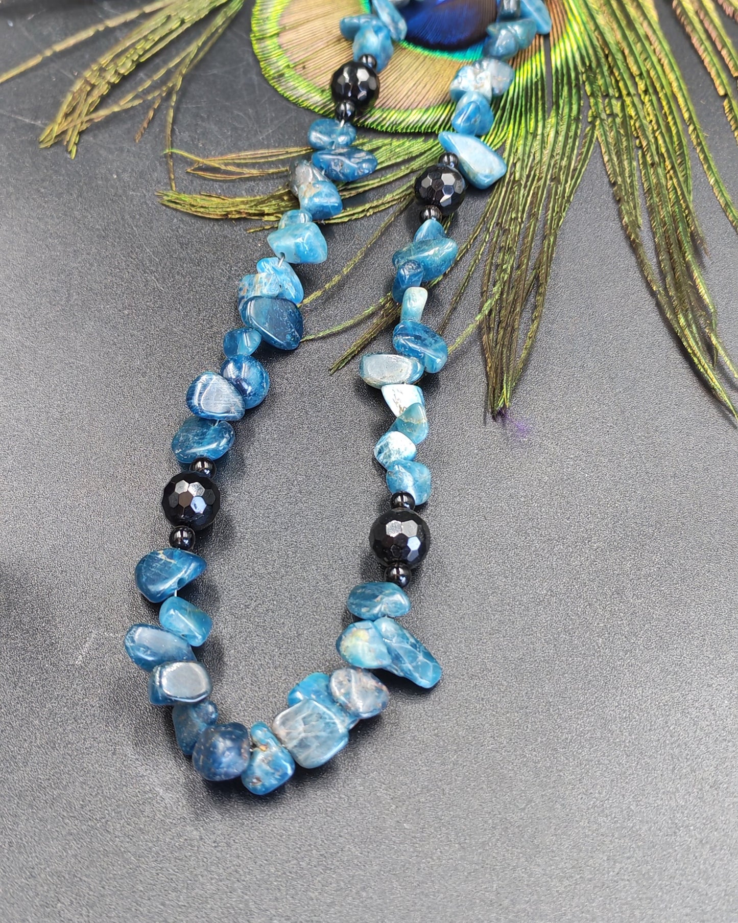 Blue Kyanite Chip & Black Onyx Bead Necklace