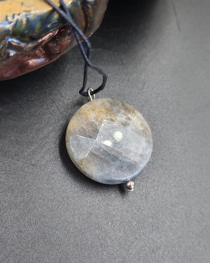 Labradorite Faceted Round Disc Pendant on Waxed Cotton Cord