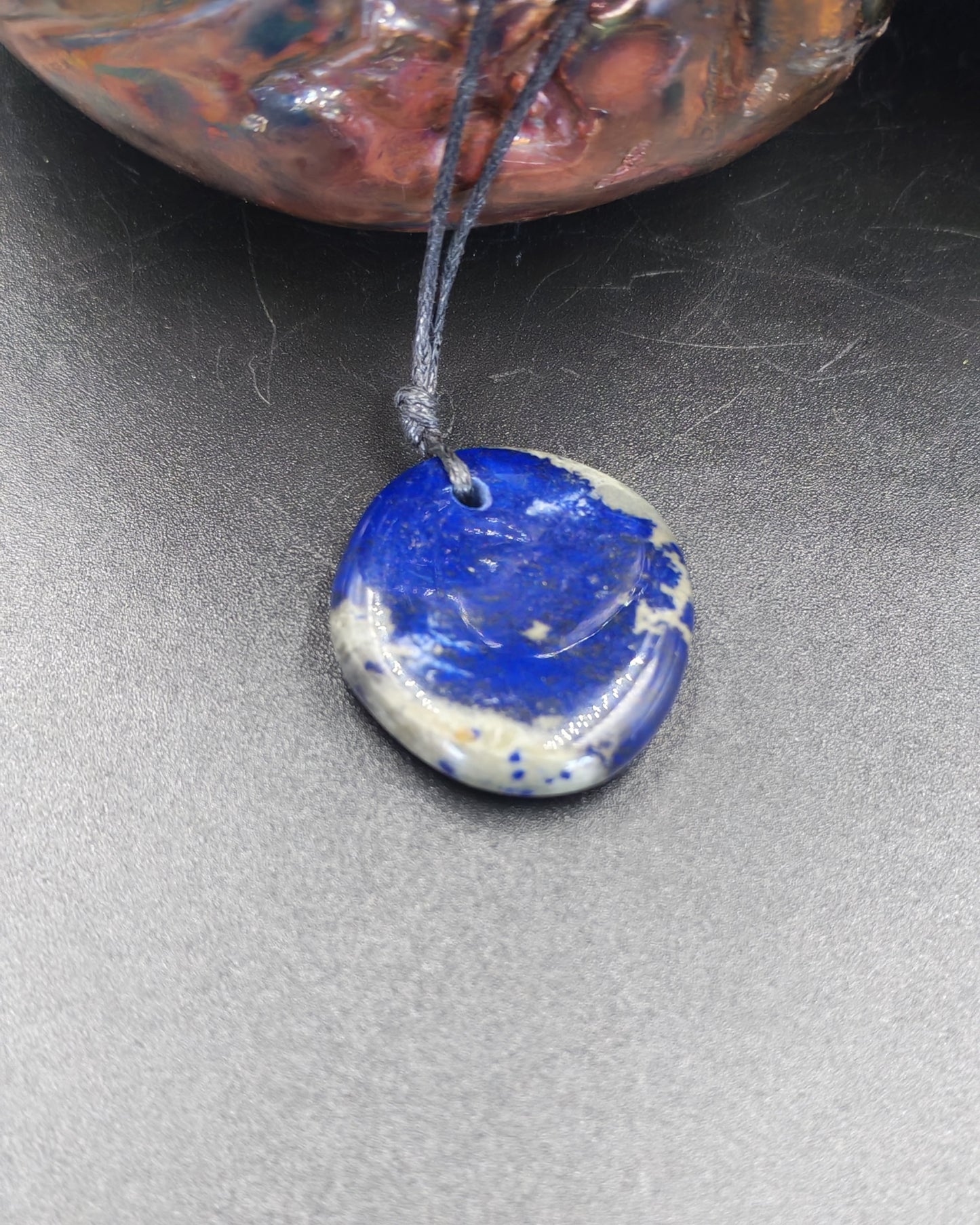 Lapis Lazuli Round Disc Pendant on Waxed Cotton Cord