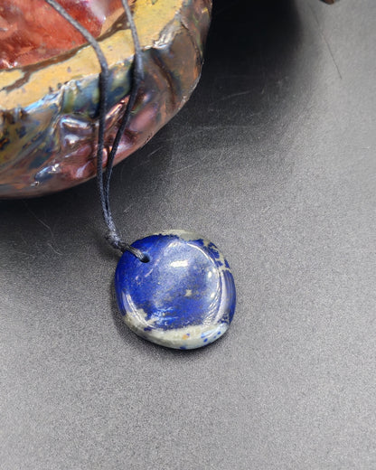 Lapis Lazuli Round Disc Pendant on Waxed Cotton Cord