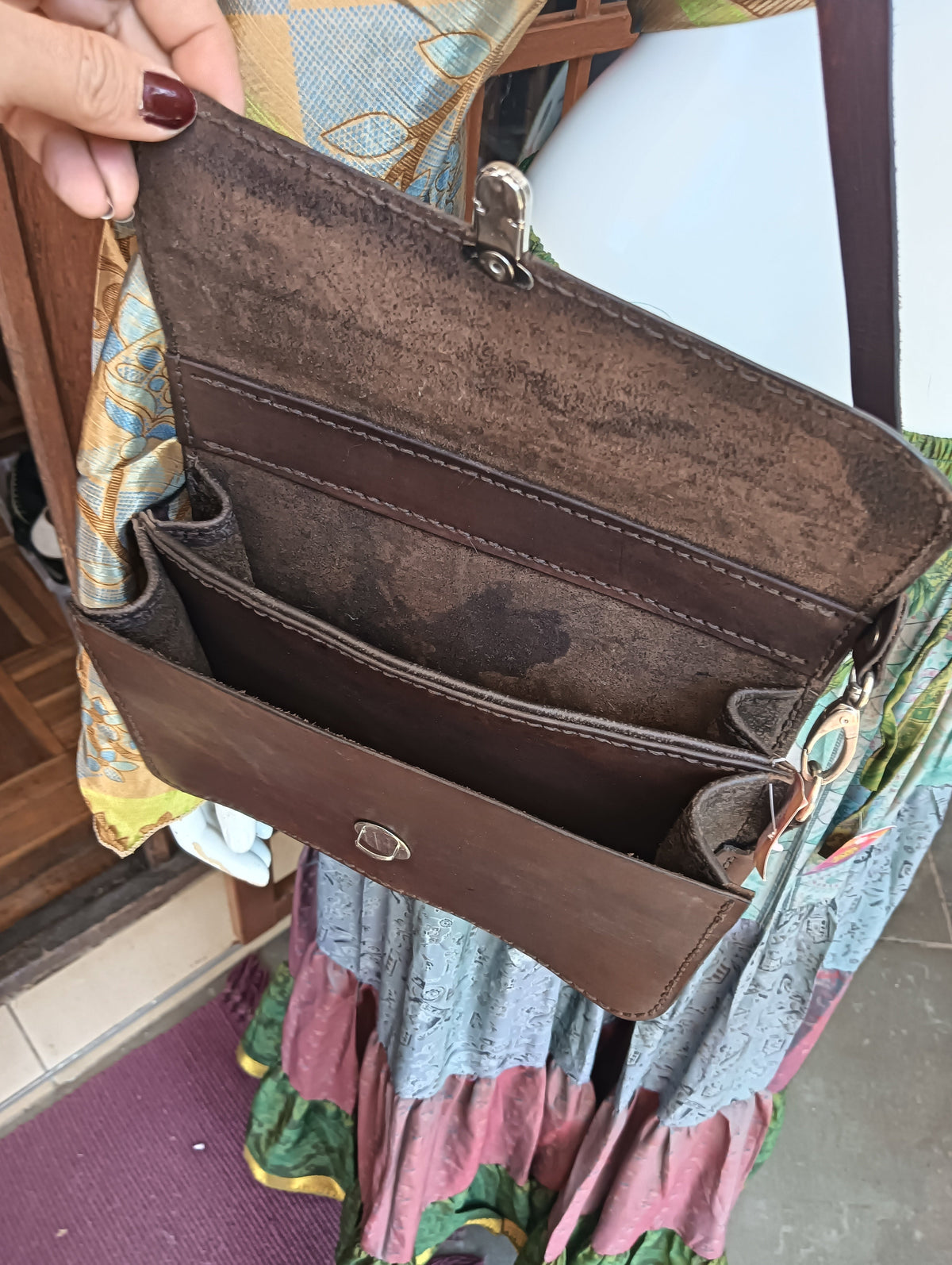 Handcrafted Leather Rectangle Crossbody Bag – interior view showing card slots and compartments