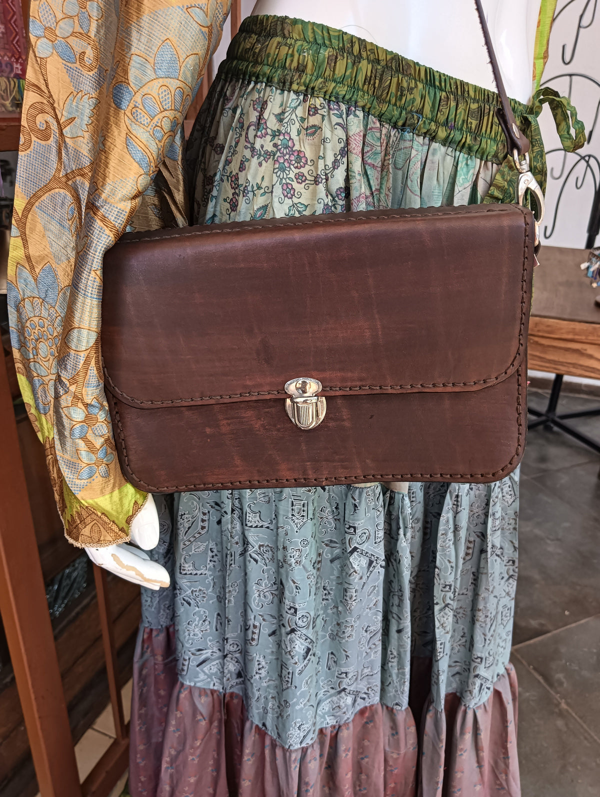 Handcrafted Leather Rectangle Crossbody Bag – front view showing dark chocolate leather and brass turn-lock clasp