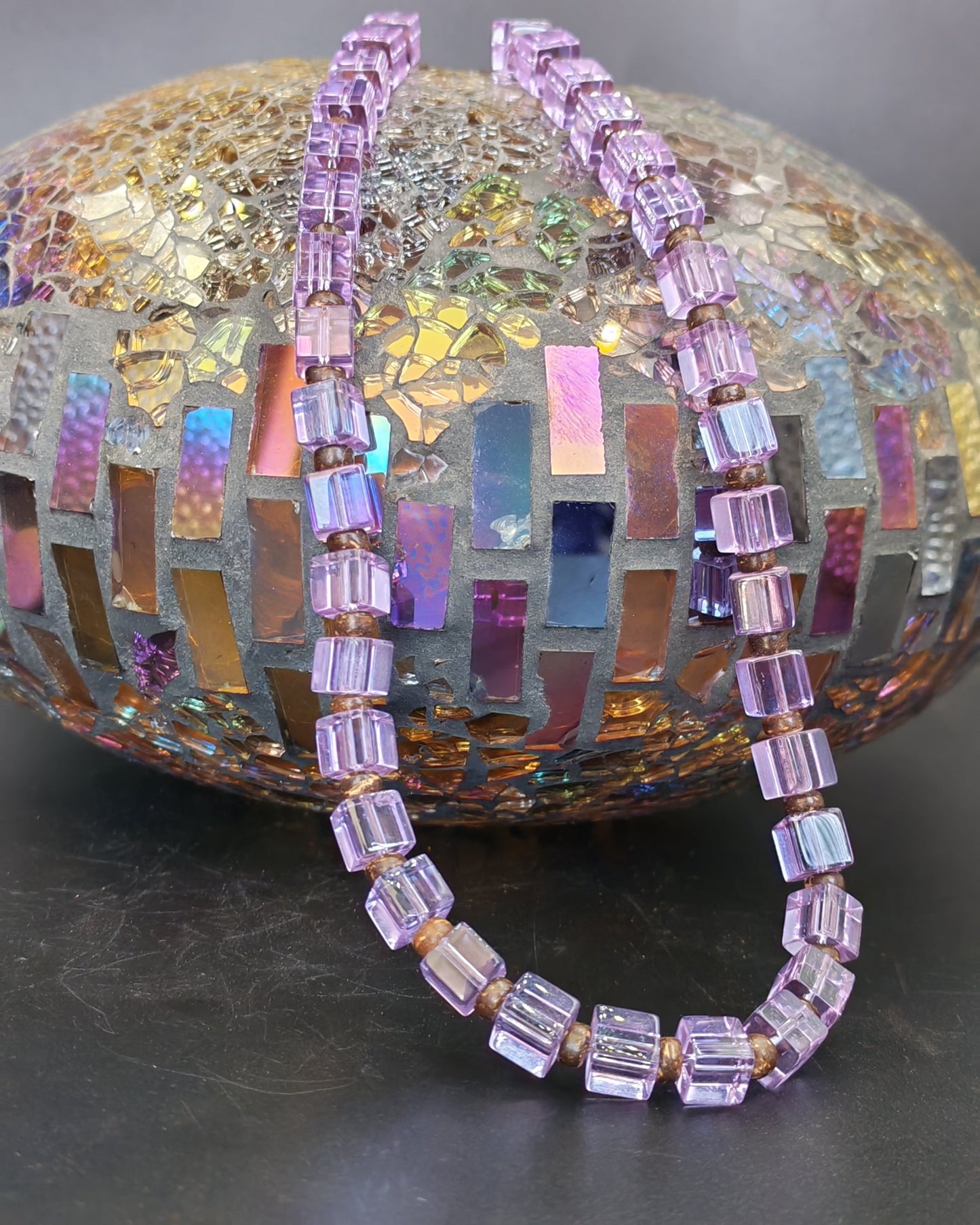 Lilac Glass Cube Bead Necklace with Brass Rondelle Spacers