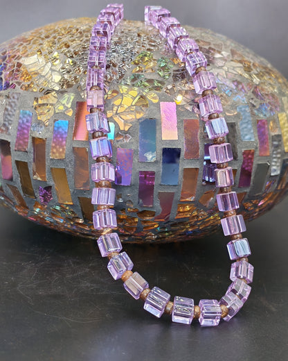 Lilac Glass Cube Bead Necklace with Brass Rondelle Spacers