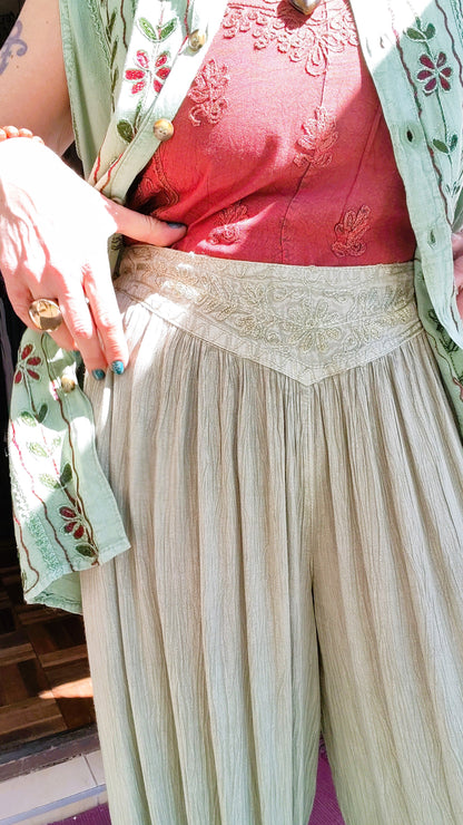 Lime Embroidered Cuffed Pants – Crushed Viscose
