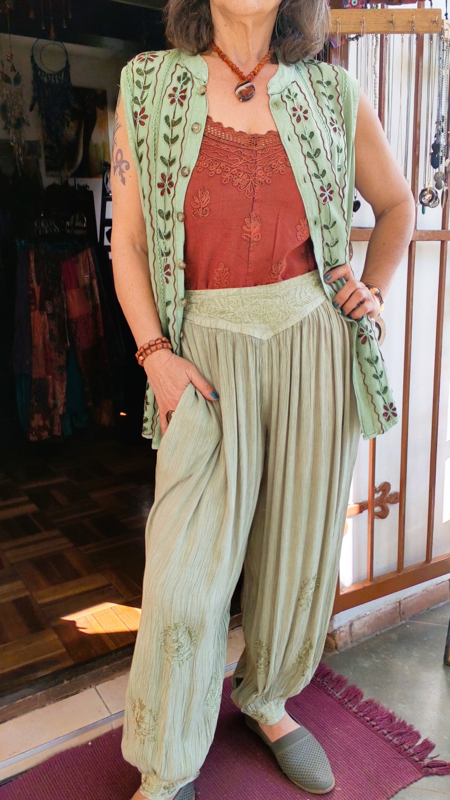 Lime Embroidered Cuffed Pants – Crushed Viscose