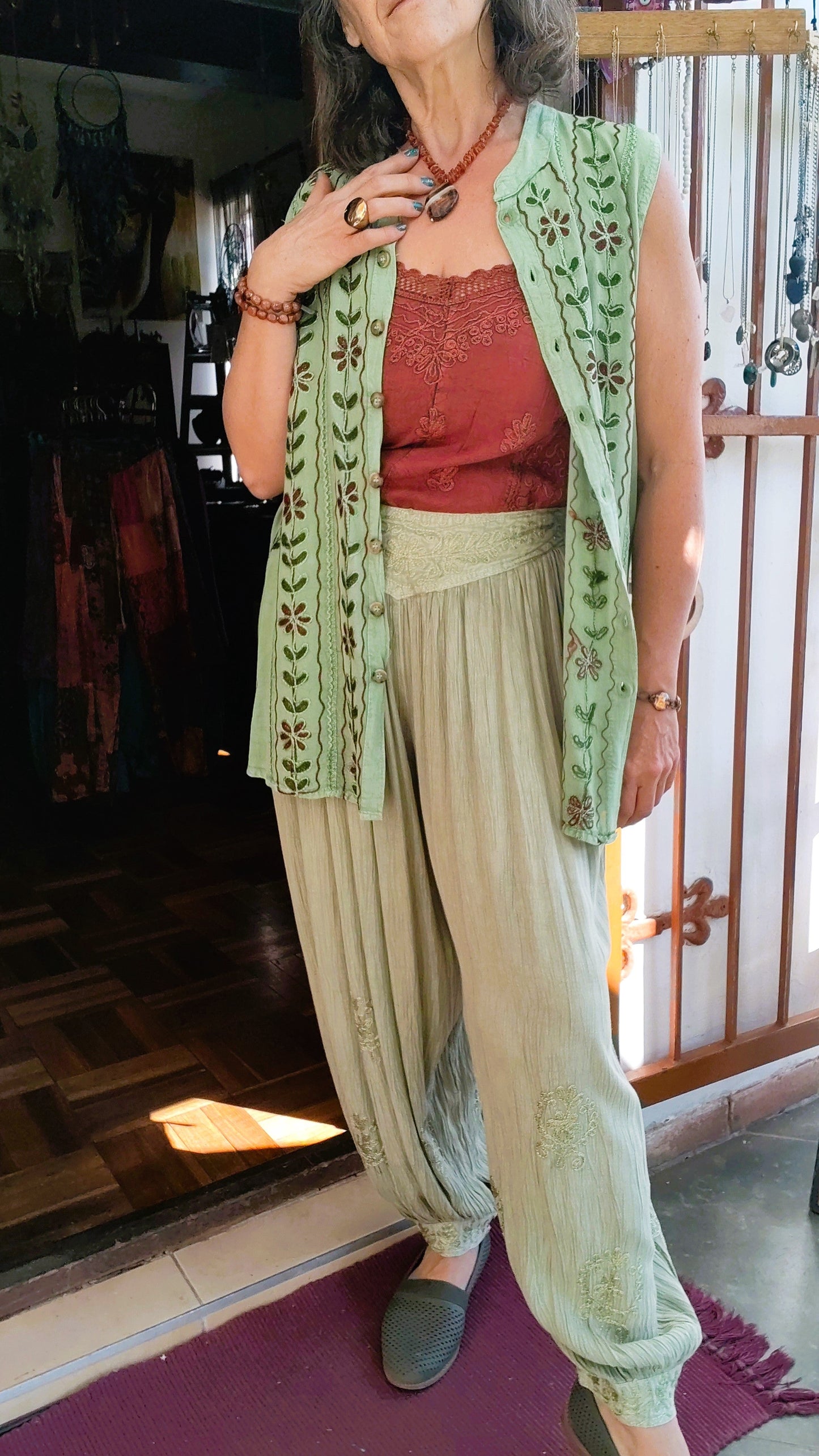Lime Embroidered Cuffed Pants – Crushed Viscose