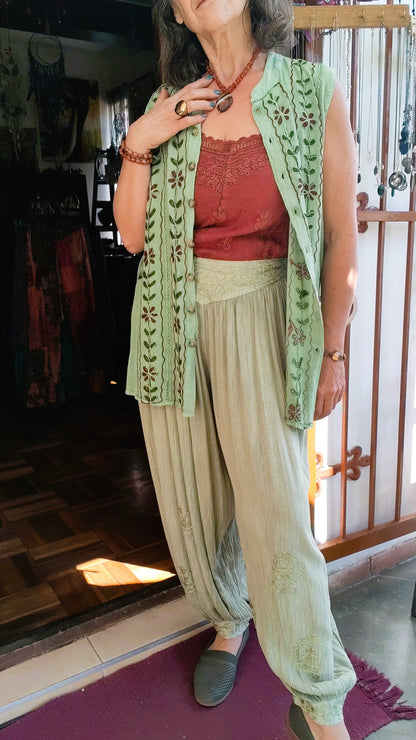 Lime Embroidered Cuffed Pants – Crushed Viscose
