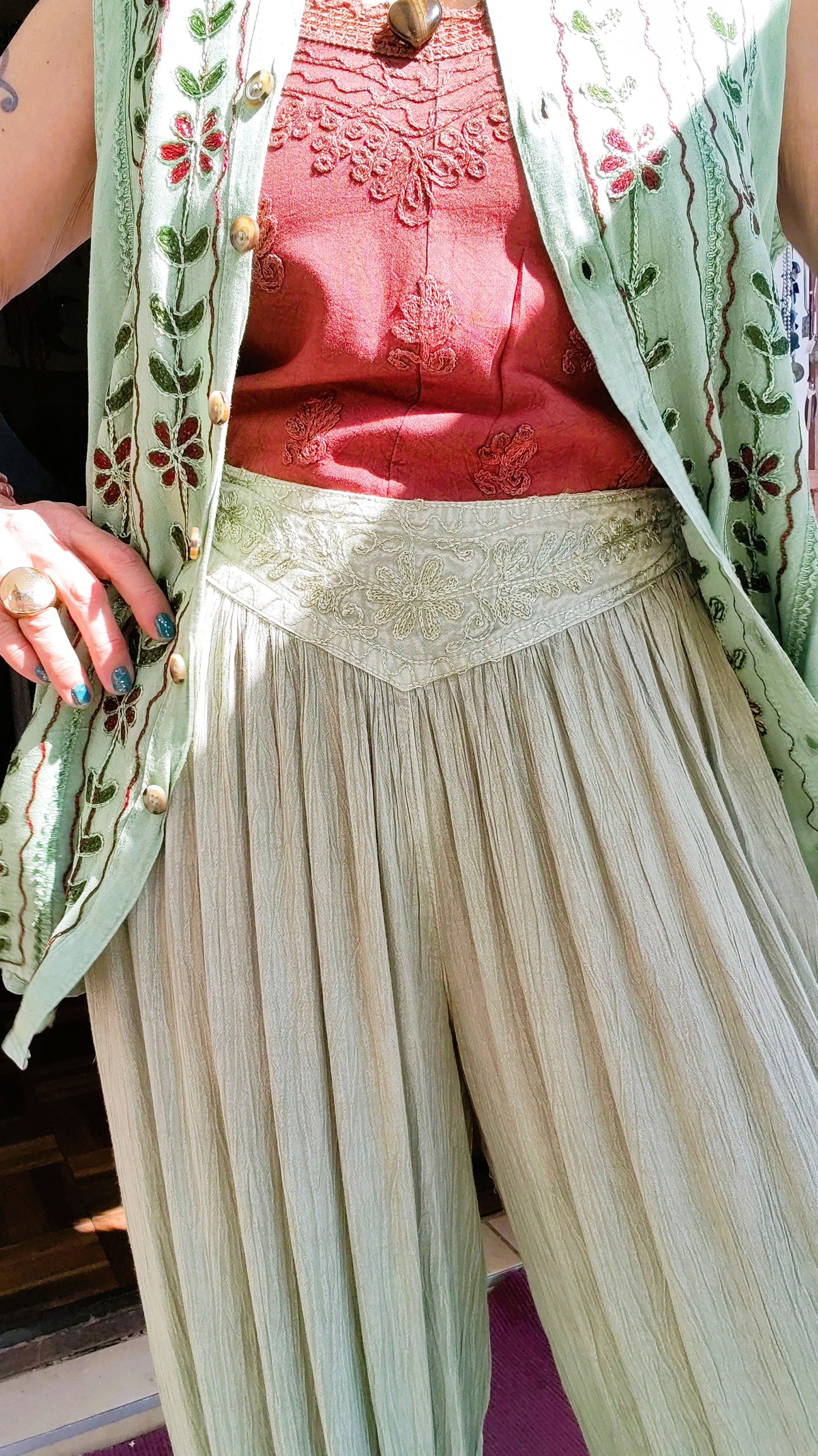 Lime Embroidered Cuffed Pants – Crushed Viscose