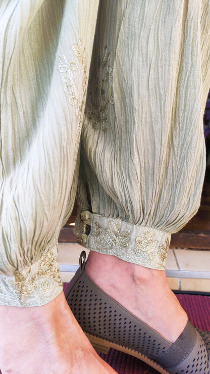 Lime Embroidered Cuffed Pants – Crushed Viscose