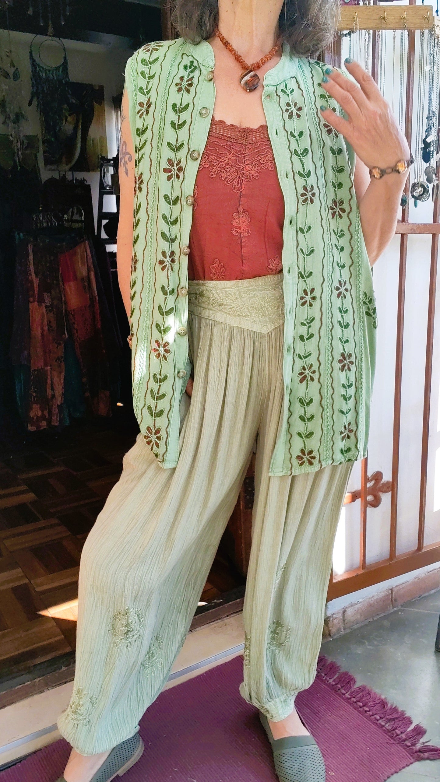 Lime Embroidered Cuffed Pants – Crushed Viscose