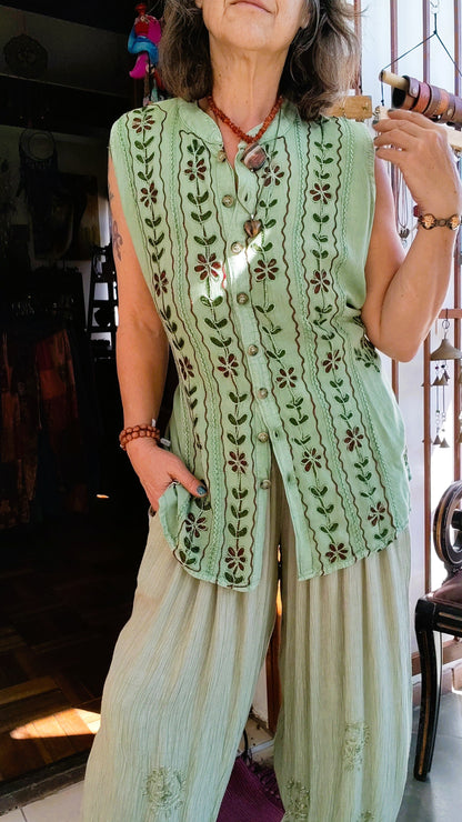 Lime Green Embroidered Floral Waistcoat