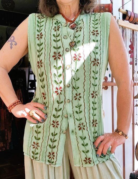 Lime Green Embroidered Floral Waistcoat