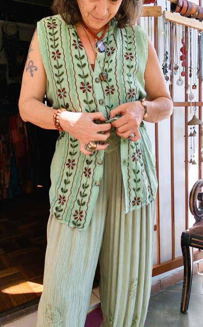 Lime Green Embroidered Floral Waistcoat