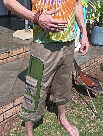 Stonewashed Cargo 3/4 Shorts in Khaki and Olive – full front view on male model showing overall silhouette and olive panels