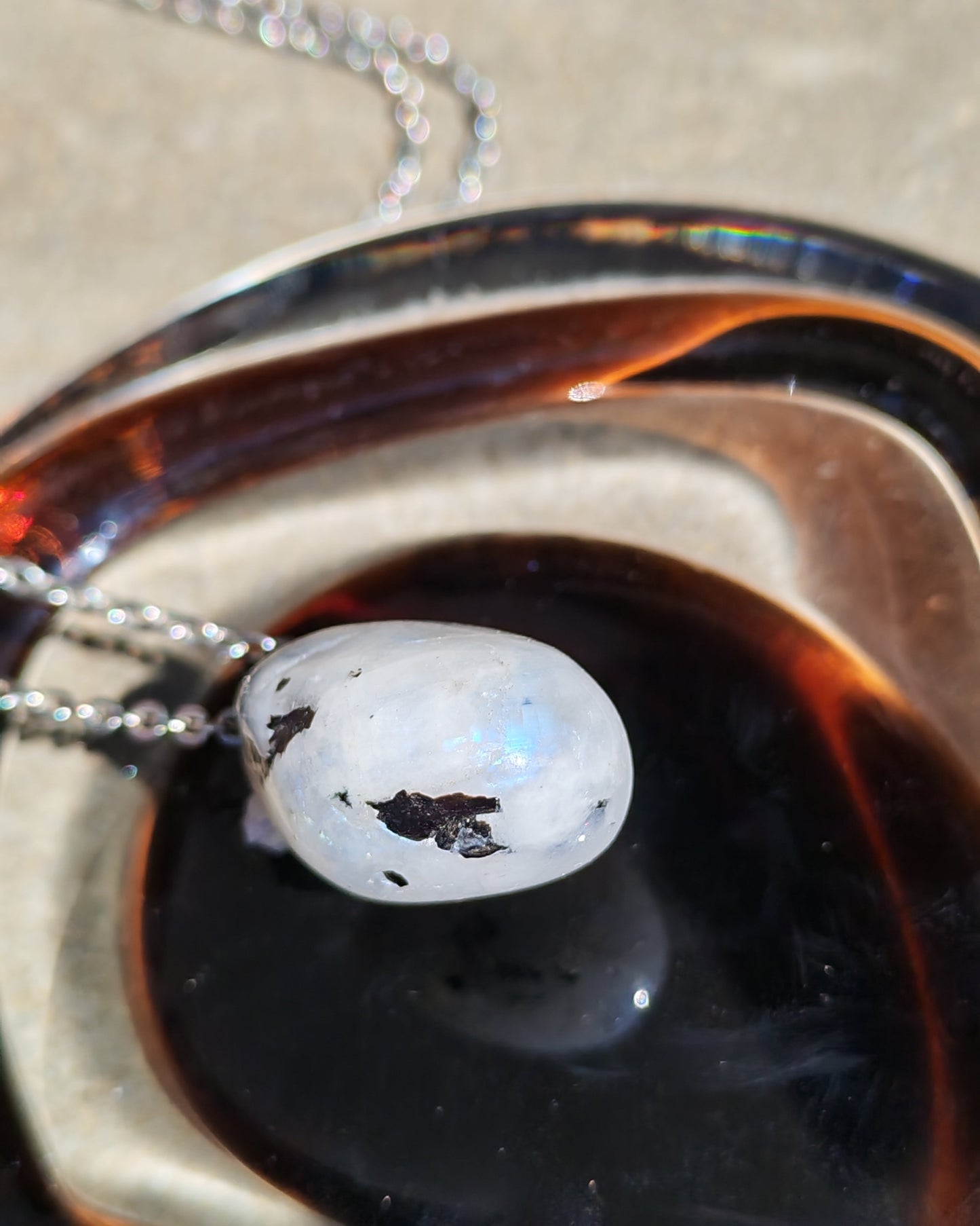Rainbow Moonstone & Black Tourmaline Inclusion Pendant Necklace