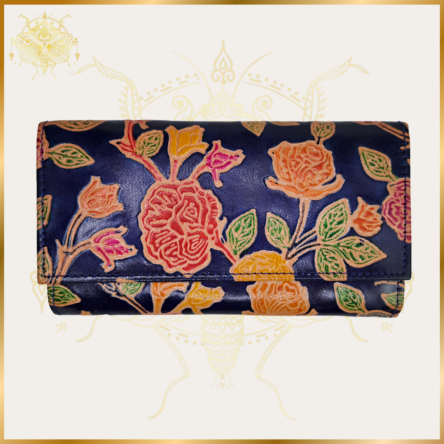 Navy Rose Garden Medium Length Leather Purse