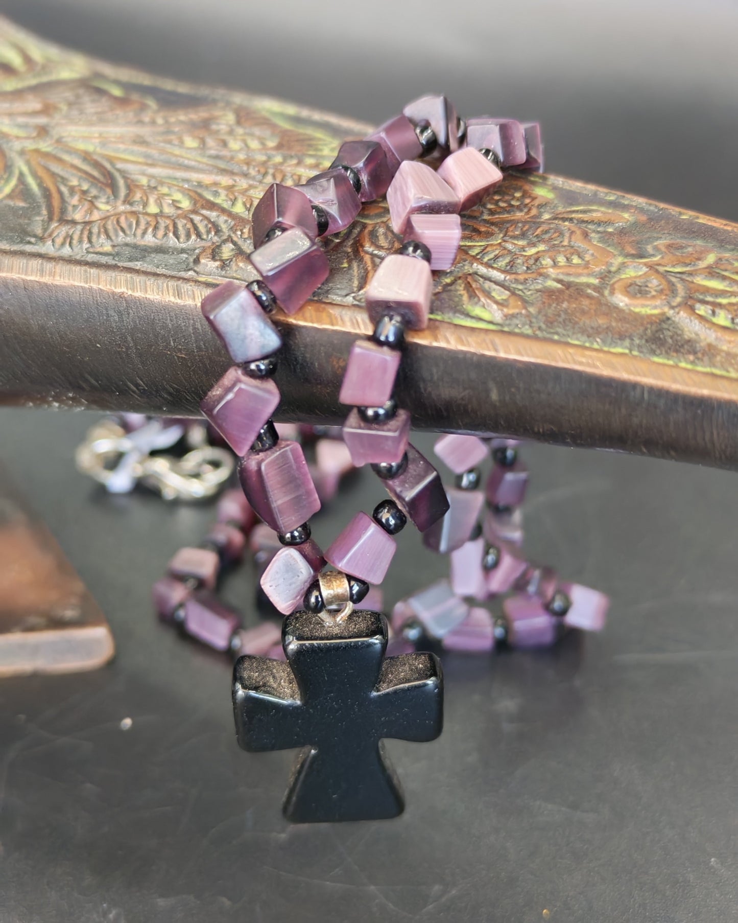 Obsidian Apostles Cross Pendant on Deep Purple Cat's Eye Chip Necklace