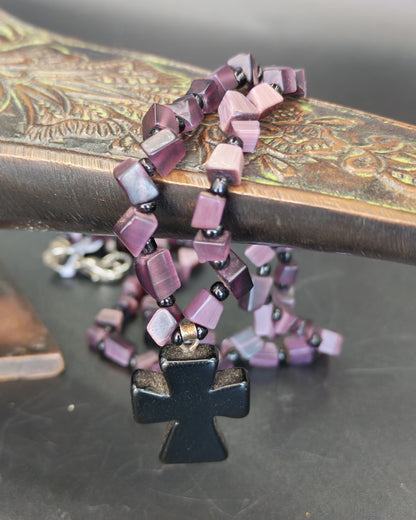 Obsidian Apostles Cross Pendant on Deep Purple Cat's Eye Chip Necklace
