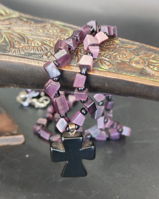 Obsidian Apostles Cross Pendant on Deep Purple Cat's Eye Chip Necklace