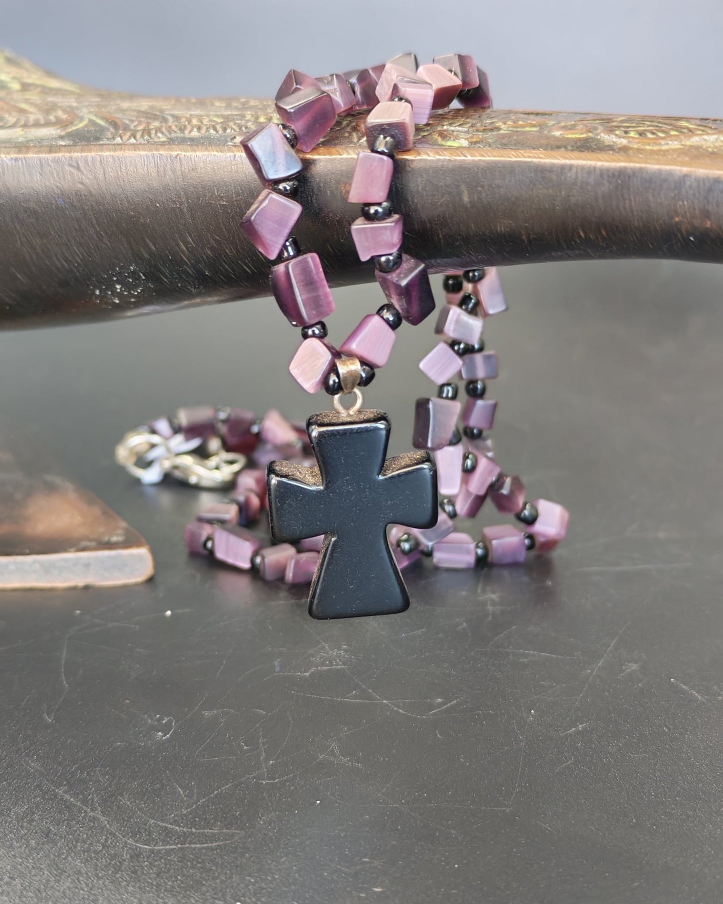 Obsidian Apostles Cross Pendant on Deep Purple Cat's Eye Chip Necklace
