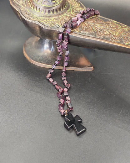 Obsidian Apostles Cross Pendant on Deep Purple Cat's Eye Chip Necklace