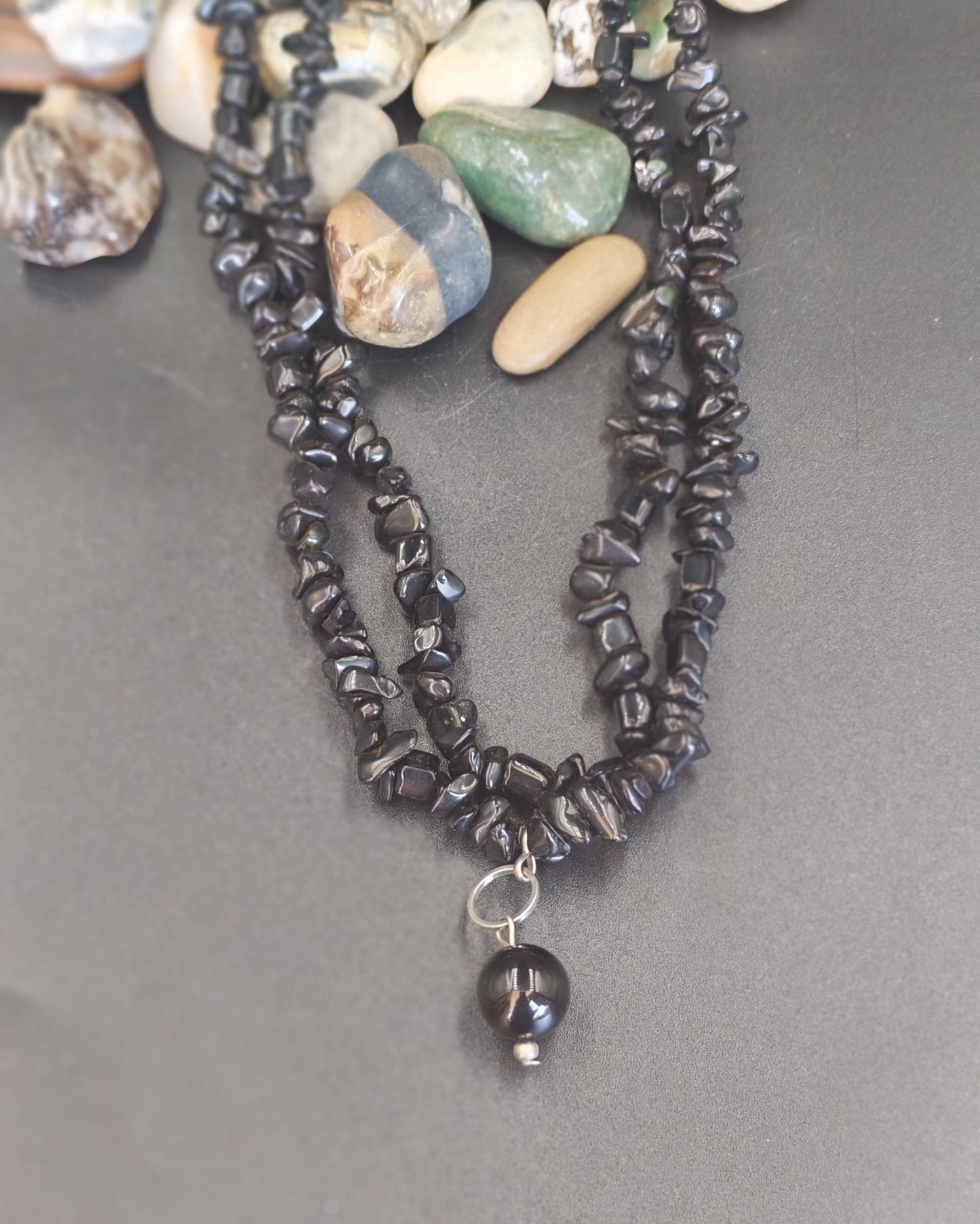 Onyx Sphere Charm on Double-Strand Obsidian Chip Necklace