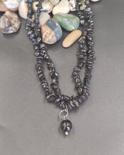 Onyx Sphere Charm on Double-Strand Obsidian Chip Necklace