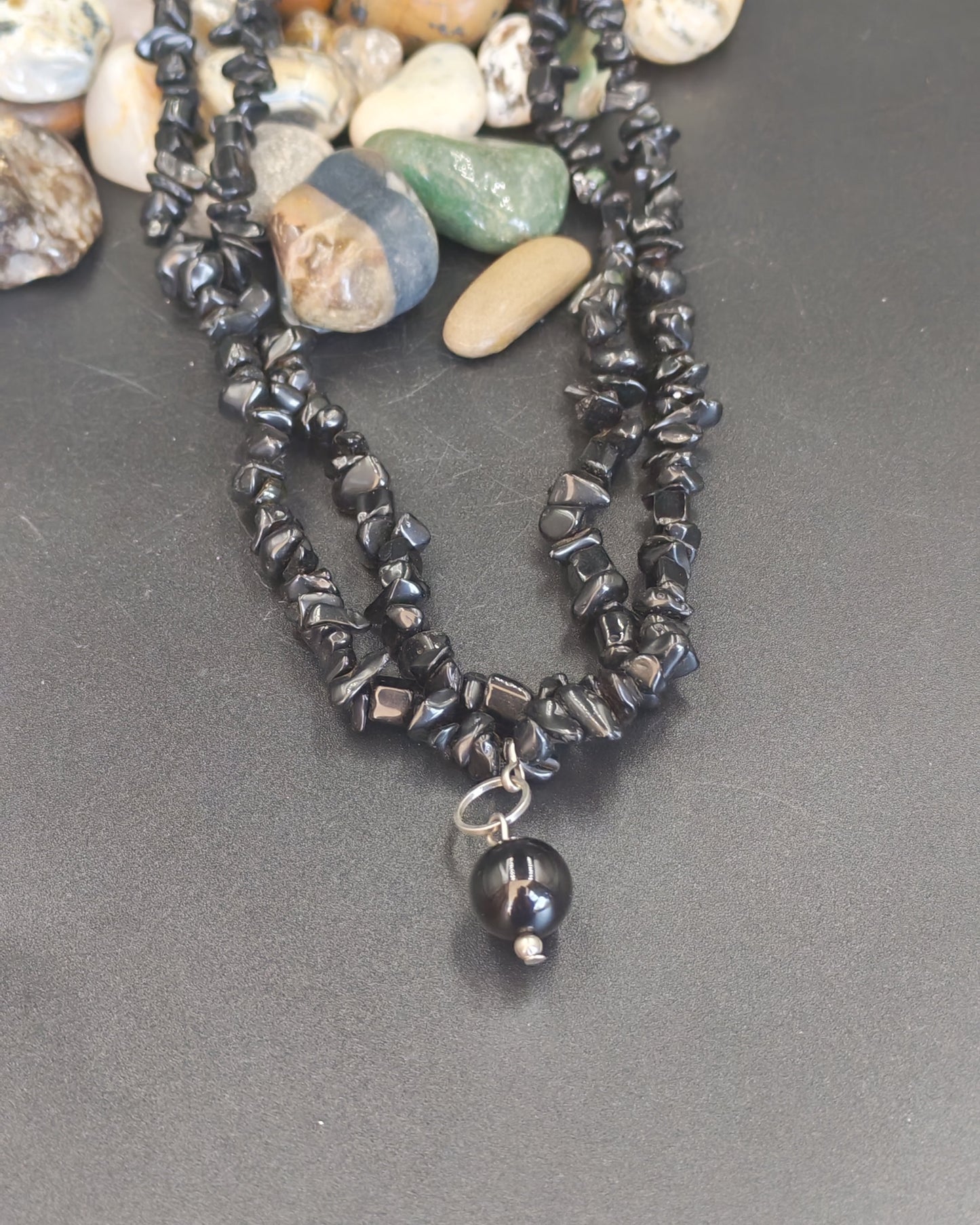 Onyx Sphere Charm on Double-Strand Obsidian Chip Necklace