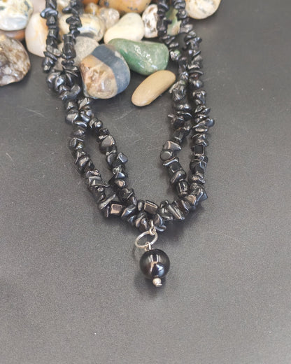 Onyx Sphere Charm on Double-Strand Obsidian Chip Necklace