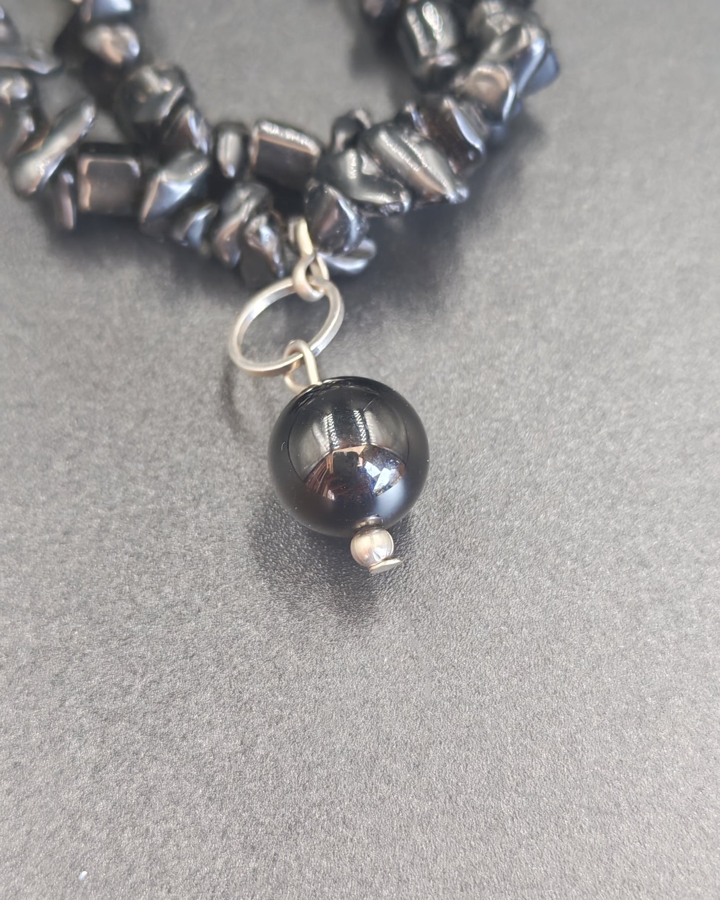 Onyx Sphere Charm on Double-Strand Obsidian Chip Necklace