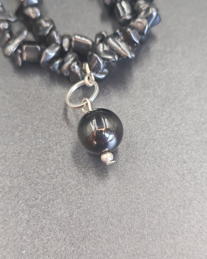 Onyx Sphere Charm on Double-Strand Obsidian Chip Necklace