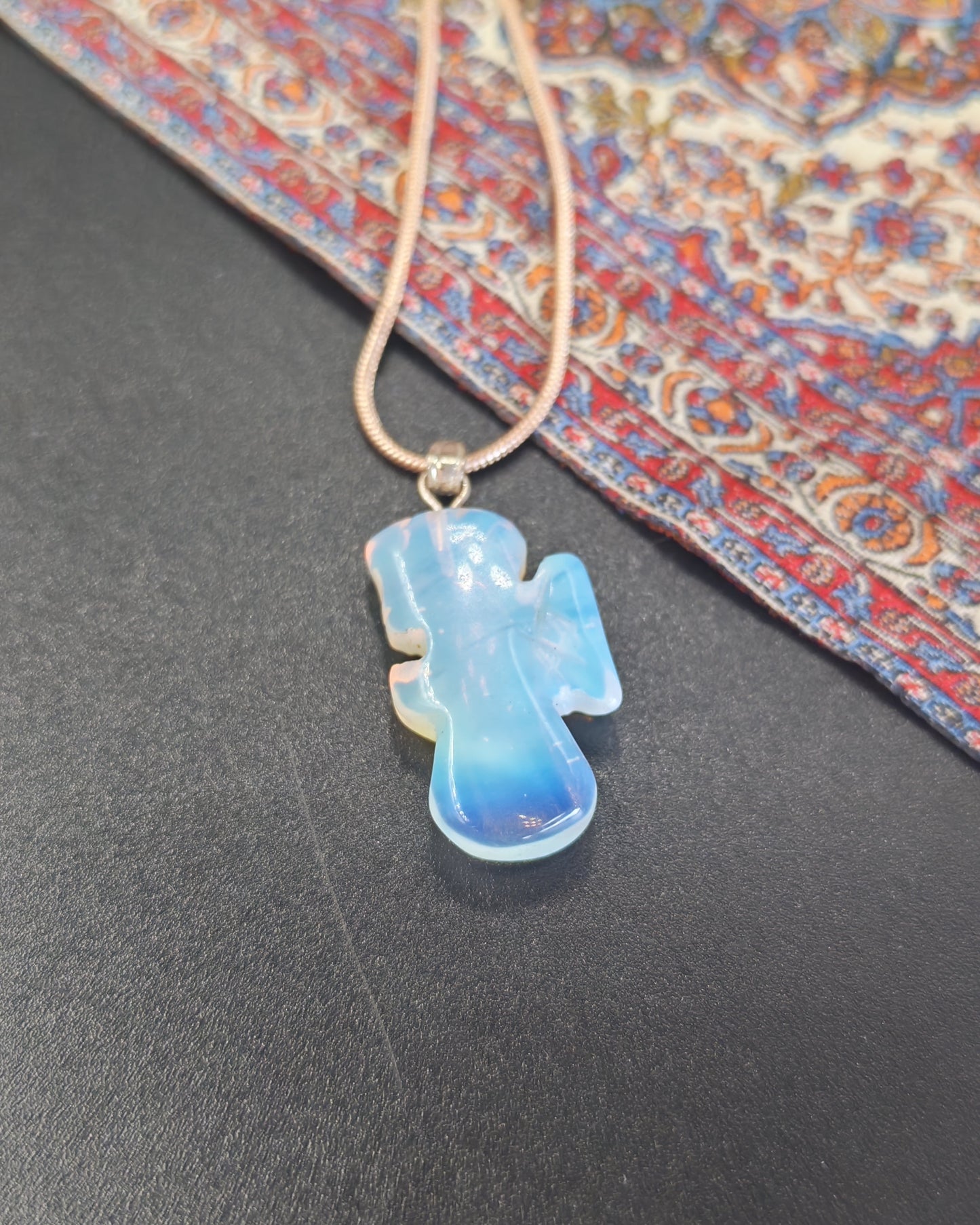 Opalite Carved Angel Pendant on Rose Gold Snake Chain