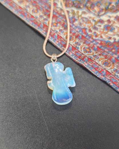 Opalite Carved Angel Pendant on Rose Gold Snake Chain