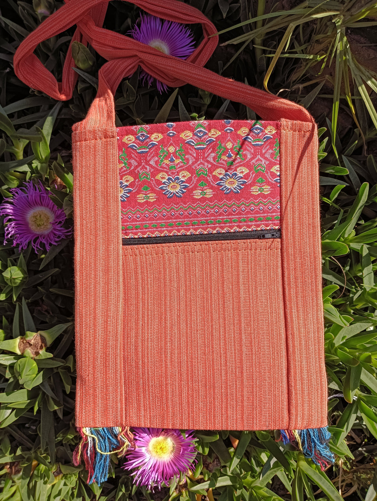 Thai Woven Cotton Sling Bag Terracotta – back view showing floral medallion woven panel and zip pocket