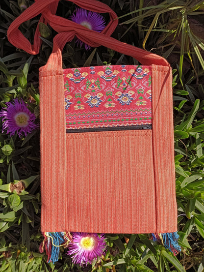 Thai Woven Cotton Sling Bag Terracotta – back view showing floral medallion woven panel and zip pocket