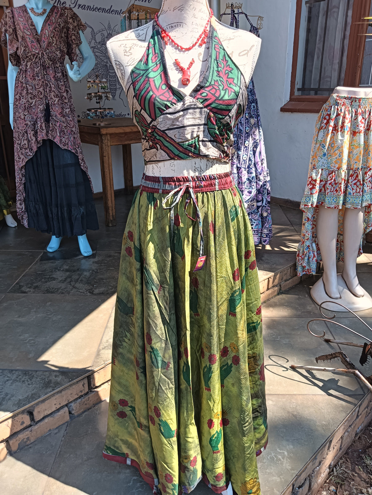 Reversible Crop Bra Top styled with Overdye Maxi Skirt - full length view