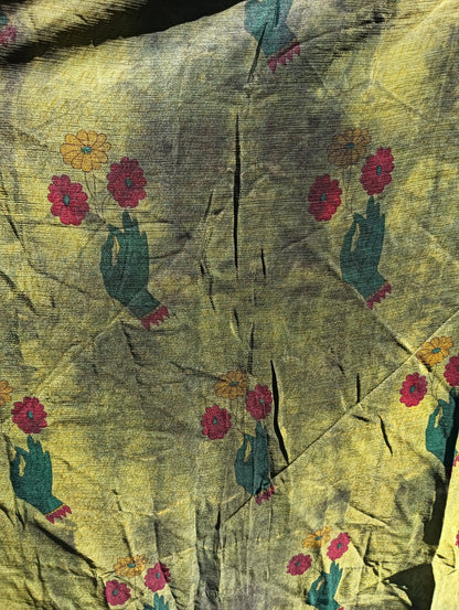 Overdyed Sari Silk Maxi Skirt – close-up of hand-and-flower print detail showing teal hands with red and yellow blooms