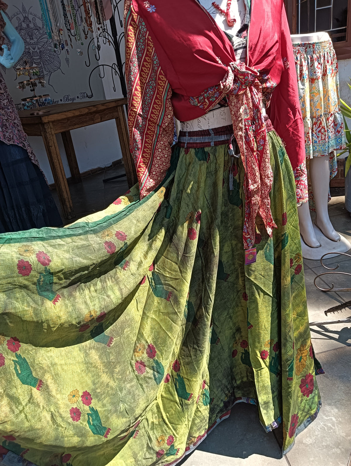 Overdyed Sari Silk Maxi Skirt – full length front view showing chartreuse green overdye and hand-flower print