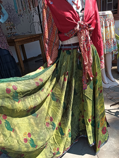 Overdyed Sari Silk Maxi Skirt – full length front view showing chartreuse green overdye and hand-flower print