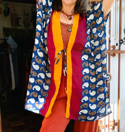 Paisley Boho Kimono – Navy, Burgundy, White & Gold