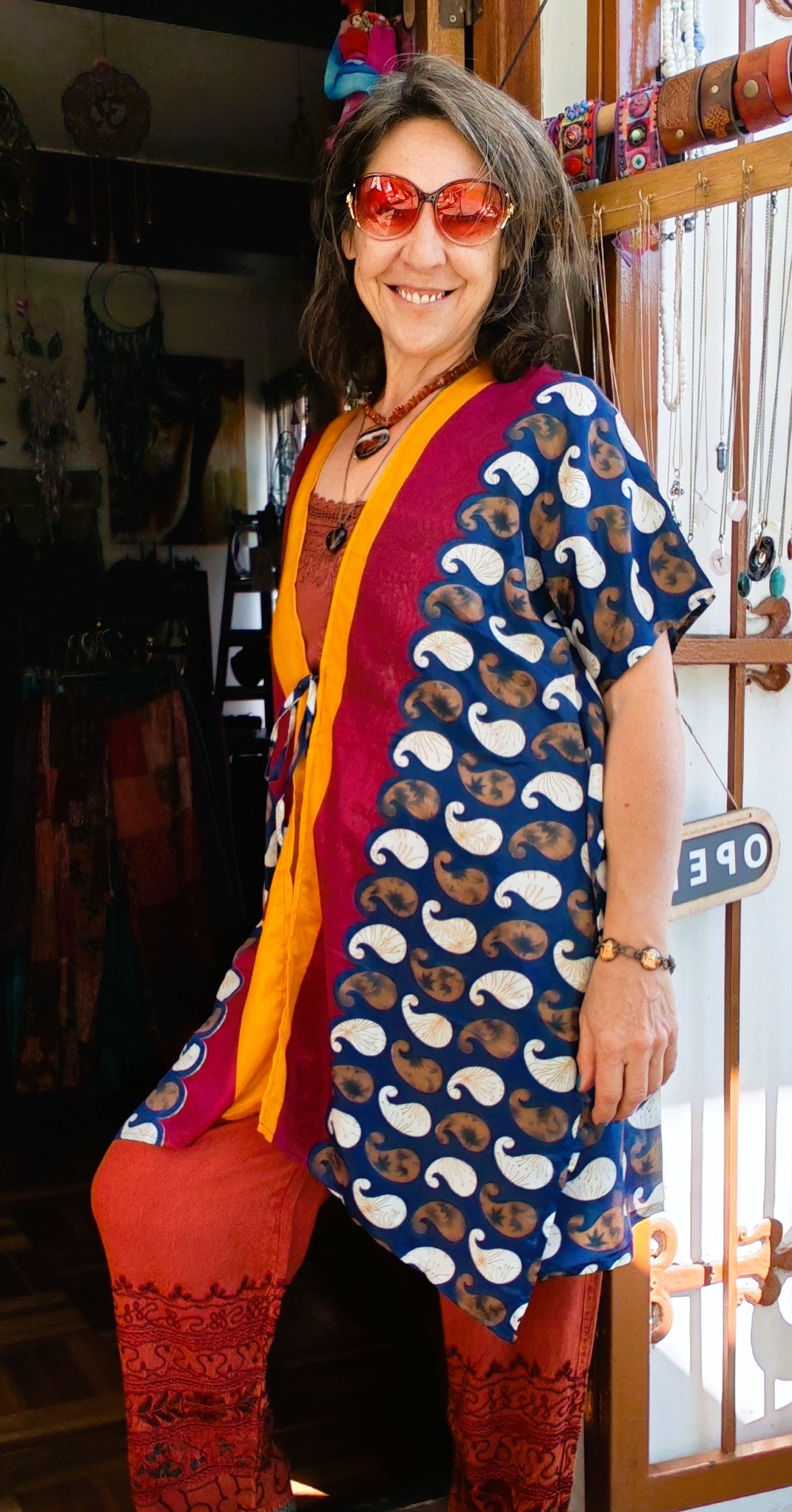 Paisley Boho Kimono – Navy, Burgundy, White & Gold
