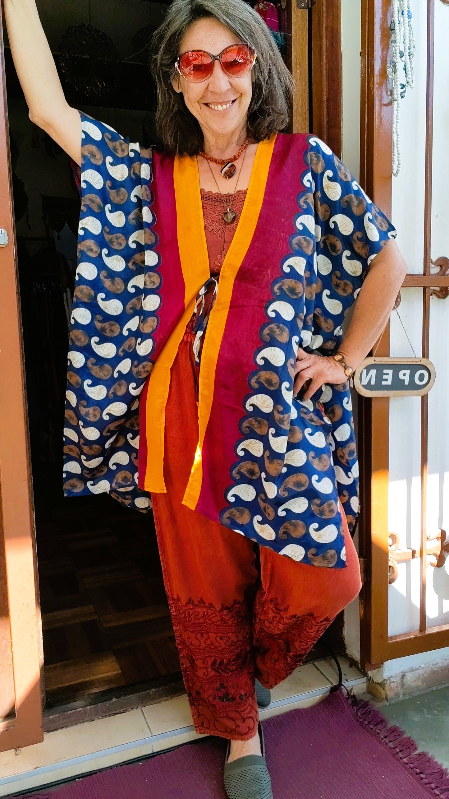 Paisley Boho Kimono – Navy, Burgundy, White & Gold